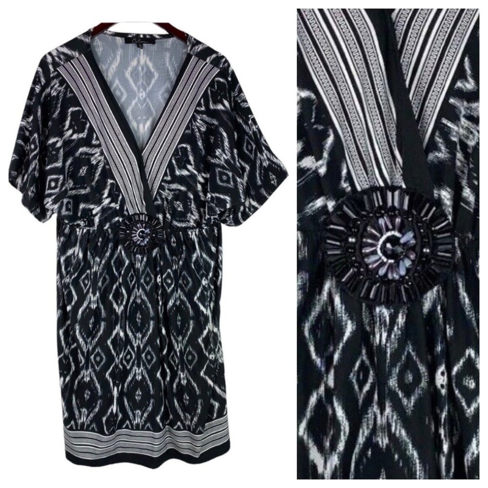 Caleaas XL 14 16 Dress Black White Diamond Boho Slinky Knit Art to Wear